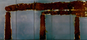 Dicrola, Les trois grâces de Barcelone (polyptyque) - 1995- (rouille) oxydation sur plaque de métal, 89,5cm x 200 cm, Collection privée, Bruxelles